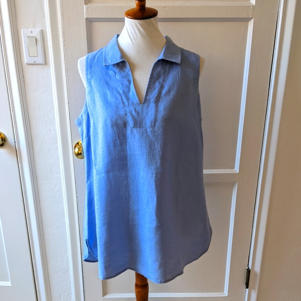 Neiman Marcus blue linen v neck collared top Size large - Picture 3 of 8